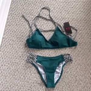 Bikini Green Ribbed Material straps black & white stripes NWT size Small